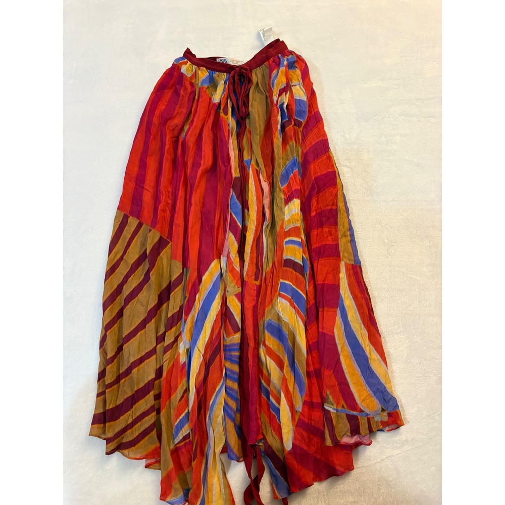 Zara SS21 Collection 09 Patchwork Striped Midi Skirt Red Orange Blue Small